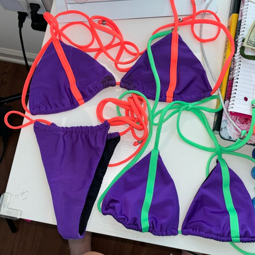 3 piece anybody beachwear bikini set, dark purple neon orange & neon green
